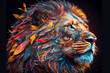 Löwe Porträt mit bunten Farben und Naturmaterialien, generative AI	