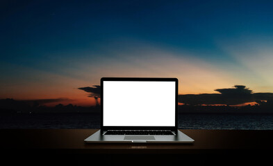 Wall Mural - Modern laptop  isolated on sea background. 3D illustration.
