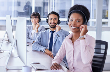 Poster - People, call center and portrait smile in contact us for telemarketing, customer support or service at office. Group of consultants smiling with headset in CRM agency for online advice, team or help