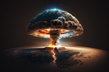 Wall Mural - nuclear explosion of atomic bomb with a radioactive mushroom on planet view from space. concept of a