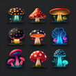 Set of fantasy mushroom stone icon for game on black background. AI