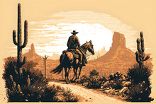 Wild West Poster. Cowboy Riding Into The Sunset With His Horse, Wild West Landscape, Generative Ai