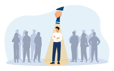 Chosen candidate standing under light of flashlight. Candidates concept.  Vector illustration.