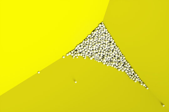 A large pile of abstract white spheres near a yellow wall. Background 3d rendering illustration.