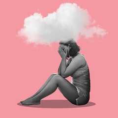 Depression, cloud and art with woman on a studio floor for mental health, stress or anxiety on pink background. Decoration, illustration and sad, crying girl with mind, psychology and crisis isolated