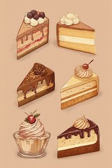 Sticker -  a drawing of a variety of desserts on a beige background.  generative ai