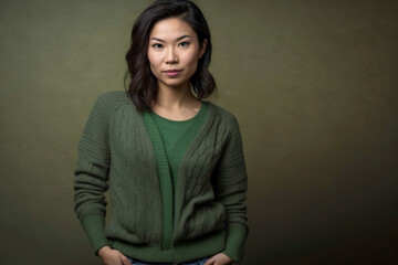 Studio shot of beautiful Asian woman keeps both hands in pockets on trousers, wears green sweater poses over green background wall blank space for your advertising content. AI generative.