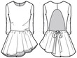 womens long sleeve backless ballet dance dress, skating dress gymnastic leotard dress flat sketch vector illustration front and back view technical cad drawing template