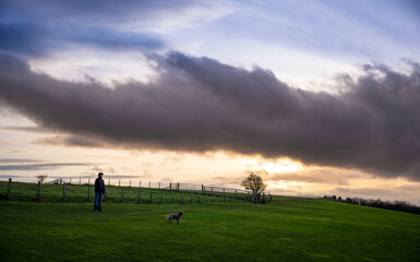 Wall Mural - a woman out walking her dog on a cold winters evening as the sunsets over the english countryside