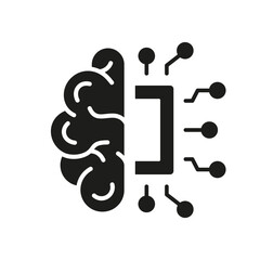 Poster - Human Brain and Network Chip Technology Pictogram. AI Innovation Concept Silhouette Icon. Artificial Intelligence Neuroscience Glyph Icon. Isolated Vector Illustration