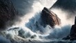 © Anna - a large wave crashing over a rocky cliff in the ocean.  generative ai