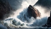  A Large Wave Crashing Over A Rocky Cliff In The Ocean.  Generative Ai