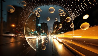 Poster -  a view of a city street through a large glass ball.  generative ai