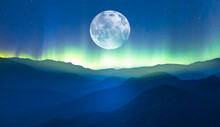 Beautiful Landscape With Blue Misty Silhouettes Of Mountains - Northern Lights (Aurora Borealis) Over Themountains With Super Full Moon - "Elements Of This Image Furnished By NASA"