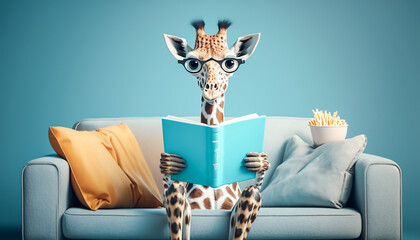 girafe reading book on sofa, learning and knowladge and wisdom concept, Generative ai