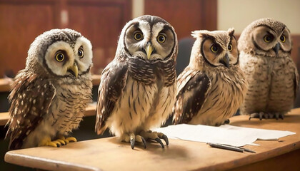 group of owls reading book and learning in class, wisdom and knowledge concept, Generative AI