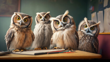 group of owls reading book and learning in class, wisdom and knowledge concept, Generative AI