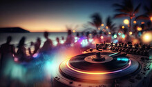 Outdoor Night Beach Music Party. Professional Sound System Dj Console On Foreground And Blurred Crowd Of Happy Dancing People On Background. AI Generative Image.