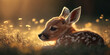 Adorable fawn lying down on a sunny lawn. Cute forest deer baby. Wild life illustration with copy space. AI generative image.