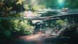 © vlntn - Beautiful spring detailed close up stream of fresh water with young green plants. Horizontal banner, springtime concept. Abstract outdoor wild nature background. AI generative image.