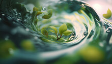 Beautiful Spring Detailed Close Up Stream Of Fresh Water With Young Green Plants. Horizontal Banner, Springtime Concept. Abstract Outdoor Wild Nature Background. AI Generative Image.
