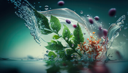 Beautiful spring detailed close up stream of fresh water with young green plants. Horizontal banner, springtime concept. Abstract outdoor wild nature background. AI generative image.