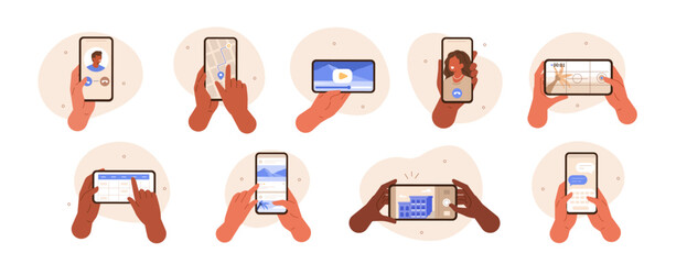 hands gestures illustration set. diverse people hands holding smartphones and using various apps lik