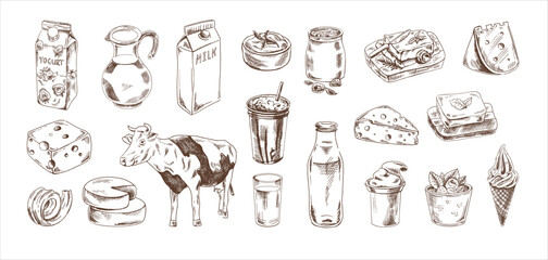 Hand-drawn Dairy products sketch set. Cheese, butter, yogurt, milk, jug, cow, ice cream, bottle, glass. Vector illustration. Black and white vintage drawing.