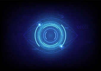 Fototapete - Background technology abstract blue eyes Tech circles of various sizes in lines and dots and bright lights below with electronic circuits have elements on a blue gradient background.