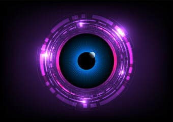 Fototapete - Background technology abstract blue eyes Tech circles of various sizes in lines and dots pink glow on a purple gradient background
