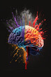 Human brain exploding with multicoloured paint against a black background, the concept of creativity and wisdom. Generative AI