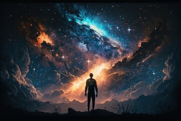 AI generated, a lonely person in front of the starry sky background