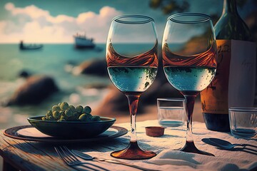 AI generated, two glasses on a table by the sea