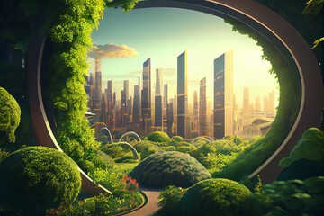 Wall Mural - Eco-futuristic cityscape ESG concept full with greenery, skyscrapers, parks, and other manmade green spaces in urban area. Green garden in modern city. Digital art 3D illustration. Generative AI