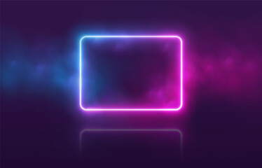 neon rectangle with smoke, gradient led border, portal with haze clouds. 3d abstract retro tech back