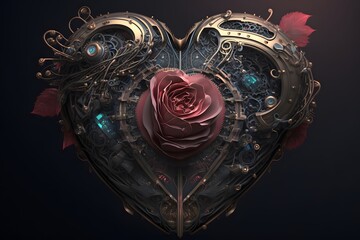 mechanical heart with rose created using AI Generative Technology