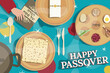 A dinner table is prepared especially for HAPPY PASSOVER - a traditional Jewish holiday also called the SPRING HOLIDAY. Caption in Hebrew: Pesach Hagada. Vector illustration in flat style.