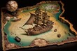 Pirate treasure map with pirate ship and sea, 3d style. Generate AI
