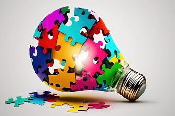 Light bulb with puzzle pieces, white background. Generative AI