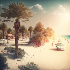 Wall Mural - Palm trees, deckchairs and parasols on sunny beach, created using generative ai technology