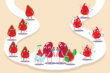  character cartoon set collection  kidney shower dirty and weak blood drop. help blood drop fresh, clean, happy , smile, strong healthy. vector modern trendy flat style cartoon.