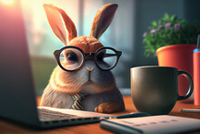 Rabbit In Glasses Office Worker At Workplace, Coffee Break Illustration Generative AI