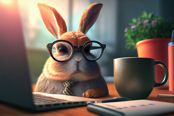 rabbit in glasses office worker at workplace, coffee break illustration generative ai