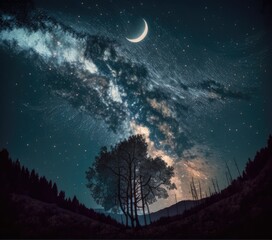 Wall Mural - constellation stars and milky way and crescent moon on sky, created using generative ai technology
