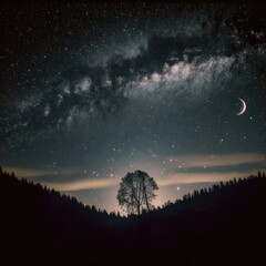 Wall Mural - constellation stars and milky way and crescent moon on sky, created using generative ai technology