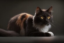 Black, White, And Orange Spotted Cat Over A Black Background, Created Created Using Generative Ai Technology