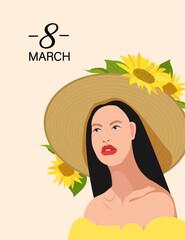 Wall Mural - A woman with sunflowers on a hat. Greeting card for the eighth of March.