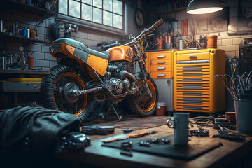 motorcycle repair garage, created by a neural network, Generative AI technology