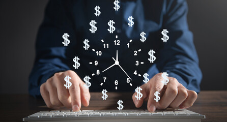 Wall Mural - Human showing clock with a dollar symbols. Time is money