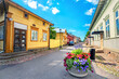 View of main street with colorfl wooden houses in old finnish town Naantali. Finland
